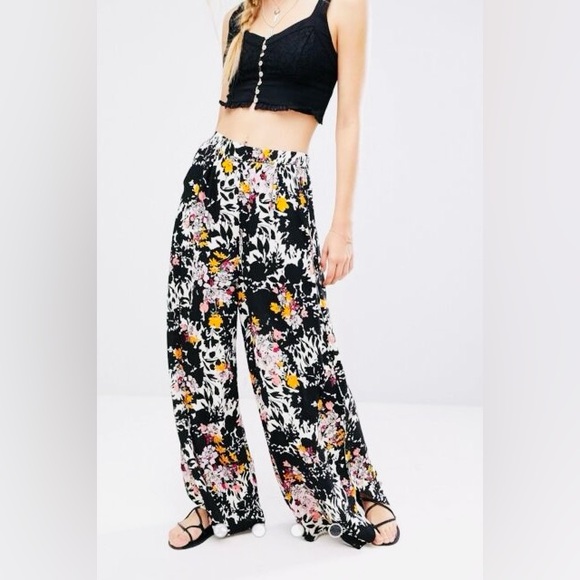 Free People Late Night Black Floral Print Wide-Leg Pants - Picture 3 of 10
